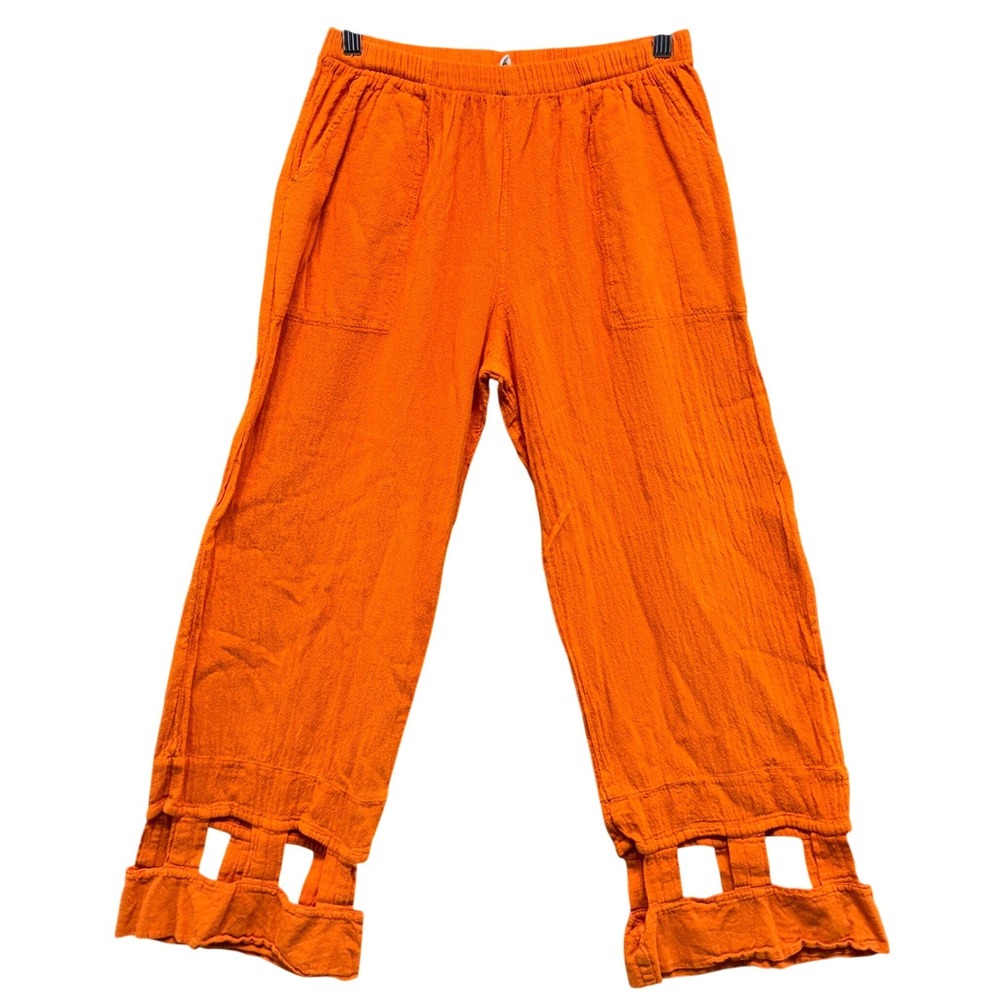 Cottonseed Wear Orange Cotton Gauze Wide Leg Crop Pants Cutout Hem Small